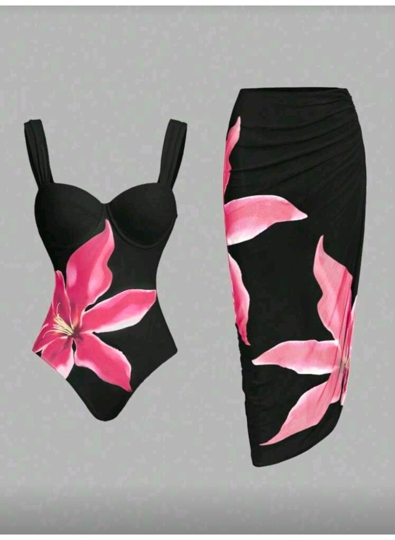 SHEIN-2pcs/Set Swim One-Piece Swimsuit With Cover-Up Skirt - Image 1